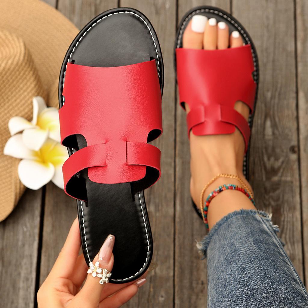 2025 European and American Foreign Trade Large Size Flat Bottom One-word Shoes Women's Leisure Hollow Fish Mouth Beach Cool Slippers Slippers