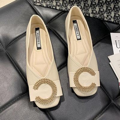 Ballerinas Damen Weiche Sohle Dünne Schuhe Mode Strassschnallen Quadratische Zehenpumps Lässig Slipper Scoop-Schuh Damen Leder Arbeitsschuhe