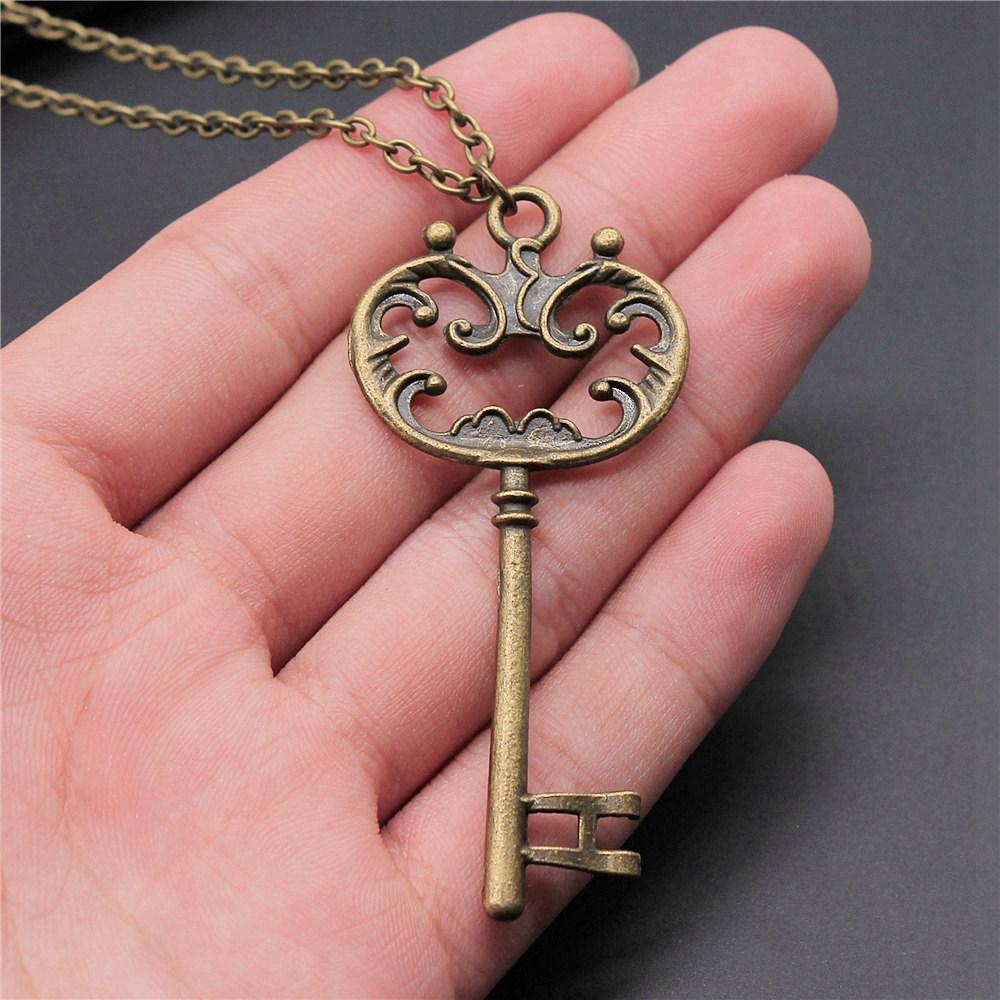 Openwork Resin Photo Frame Geometric Keys Pendant Antique Bronze Silver Metal Friend Collar Necklace