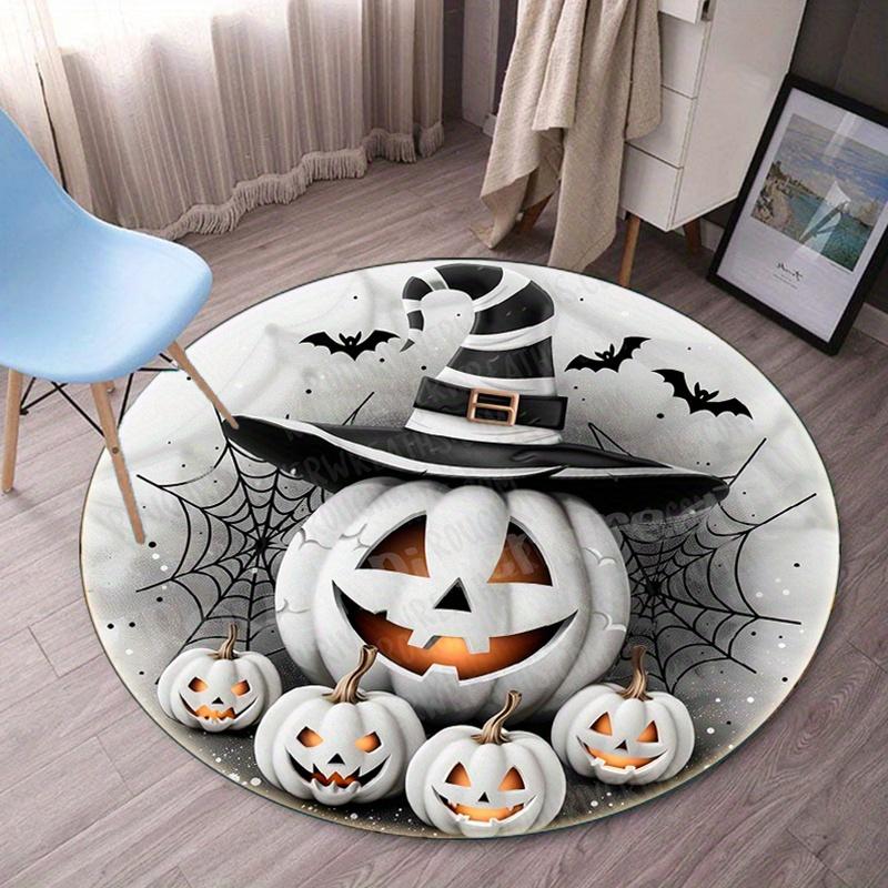 

Halloween Pumpkin Witch Hat Round Rug Spooky Bat Spiderweb Design Party Decor Bedroom Living Room Floor Mat Soft Velvet Rug 60cm x 60cm