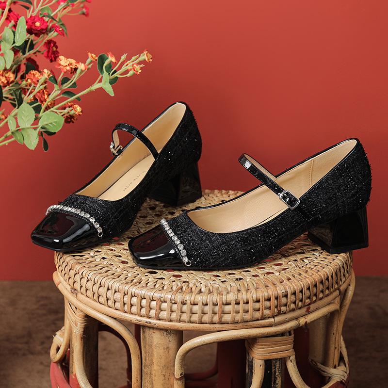 

Женские туфли Мэри Джейн из овчины на среднем каблуке с квадратным носком, в стиле ретро-французском 39 чёрный