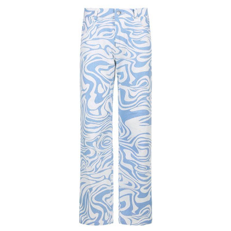 

Wardrobe Striped Slimming Printed High Waist Casual Straight Pants Blue P3296W0F S