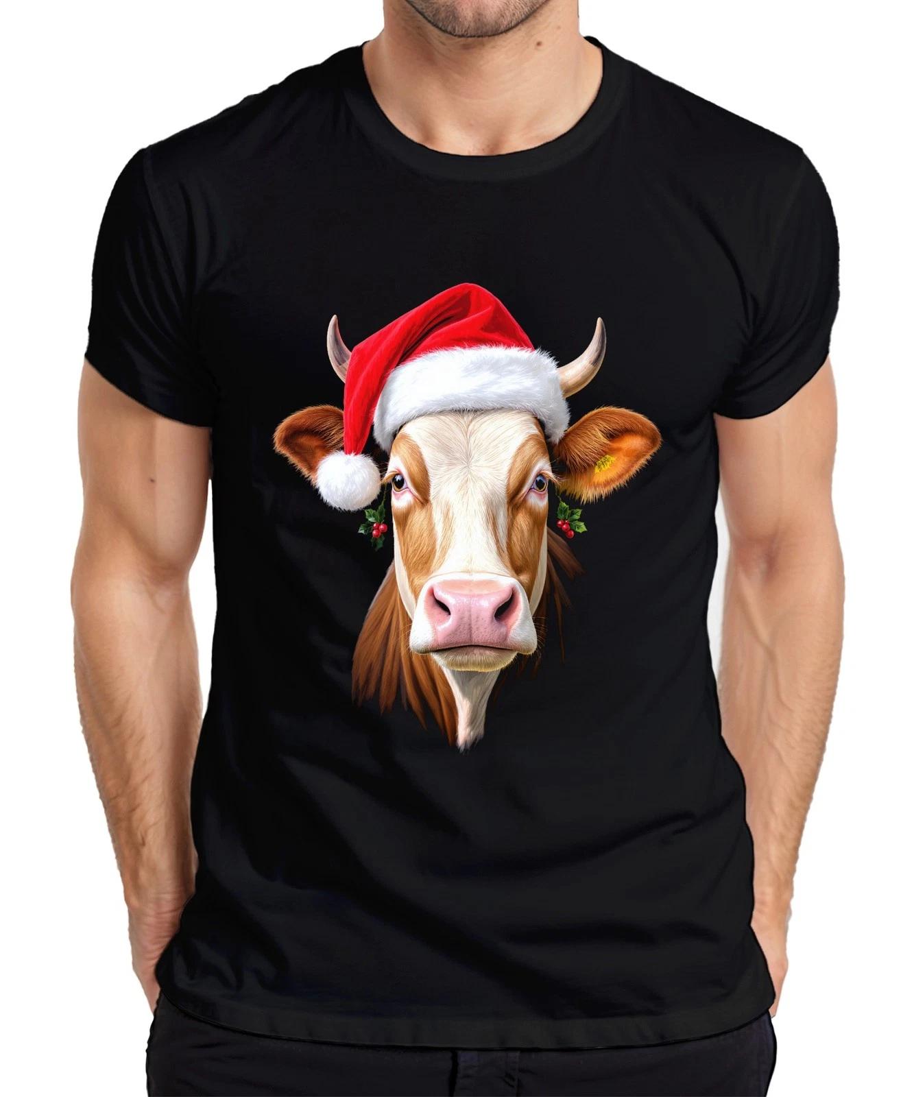 Christmas Cow Santa Hat Farm Gift Cute Funny Mens T-Shirt- XL