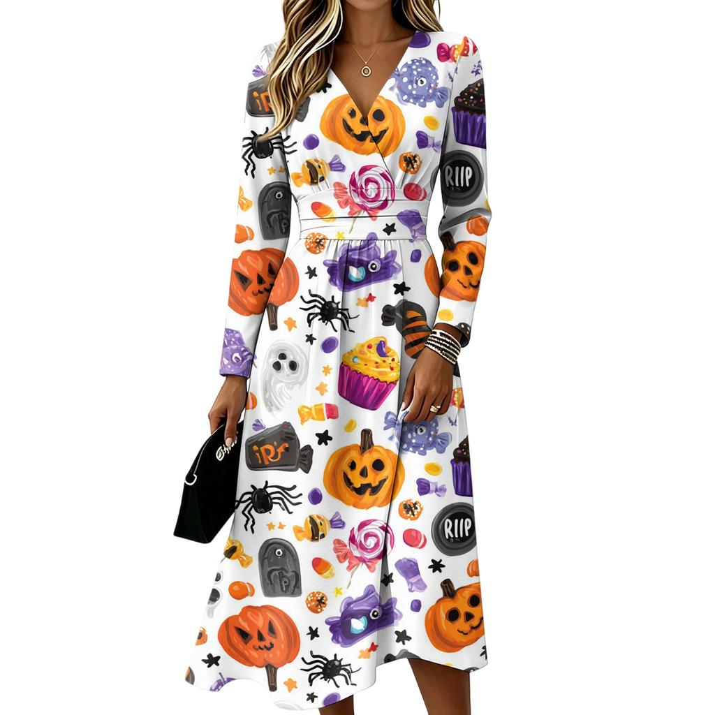 Abito casual da donna a maniche lunghe con scollo a V e stampa di Halloween, con tasche