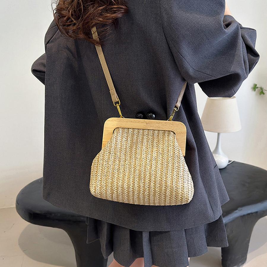 Summer Women's Shell Straw Handbag Striped Wooden Clip Bead Clutch Purse Fashi Colorful Single-shoulder Crossbody Bag Vacati