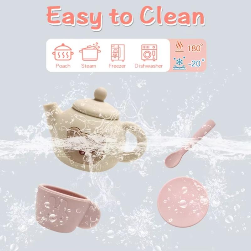 Silicone Play Teapot Set For Kids Ages 3+ With Pretend Dishes Utensils Learning Toy For Boys Girls Birthday Gift