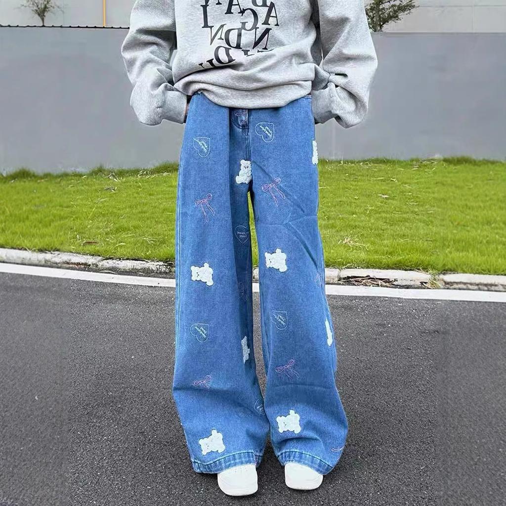 Vintage Bear Patch Embroidered Wide-leg Jeans for Women In Autumn and Winter New Style Loose Slim Straight Floor Trousers