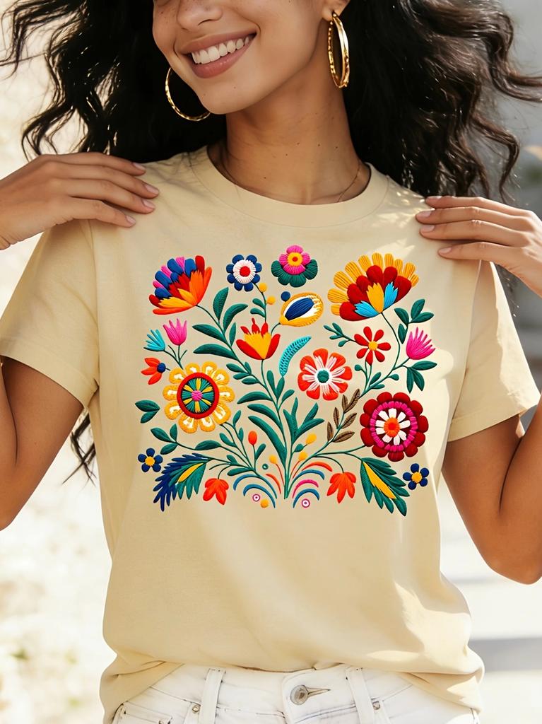 Mexican Embroidery Floral Women's Tee - Vibrant Folk Art Graphic, Casual Black Top