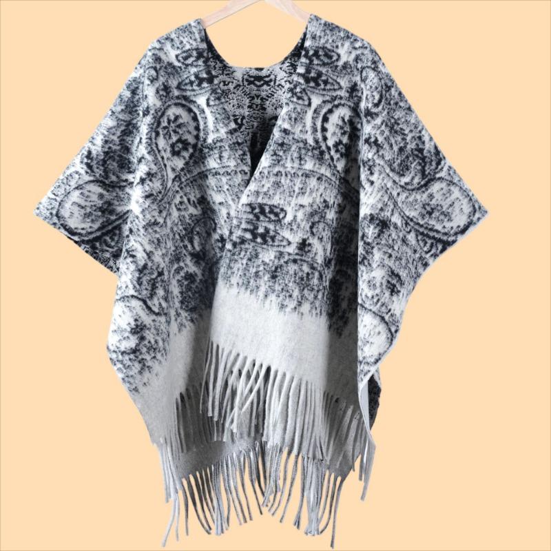 Autumn and winter women's double-sided thickened printed shawl cape retro cashew flower fringe split travel warm cape