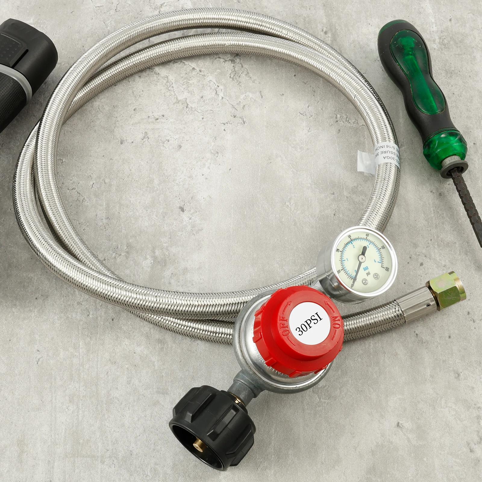 

5FT Stainless Steel Brass Gas Grill Regulator Hose 30 PSI Adjustable Propane Regulator Hose for Turkey Fryer Fire Pit Camp Stove
