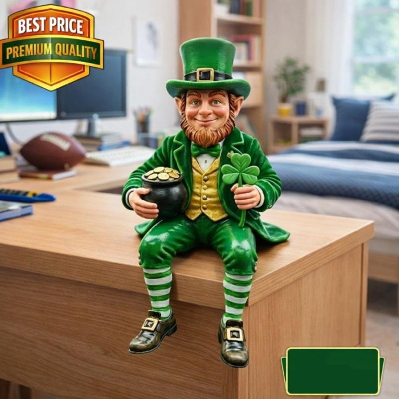 Patricks Day Leprechaun Collectible Resin Sitting Figurine with Shamrock For Shelf Or Desk Display Car Dashboards Decors