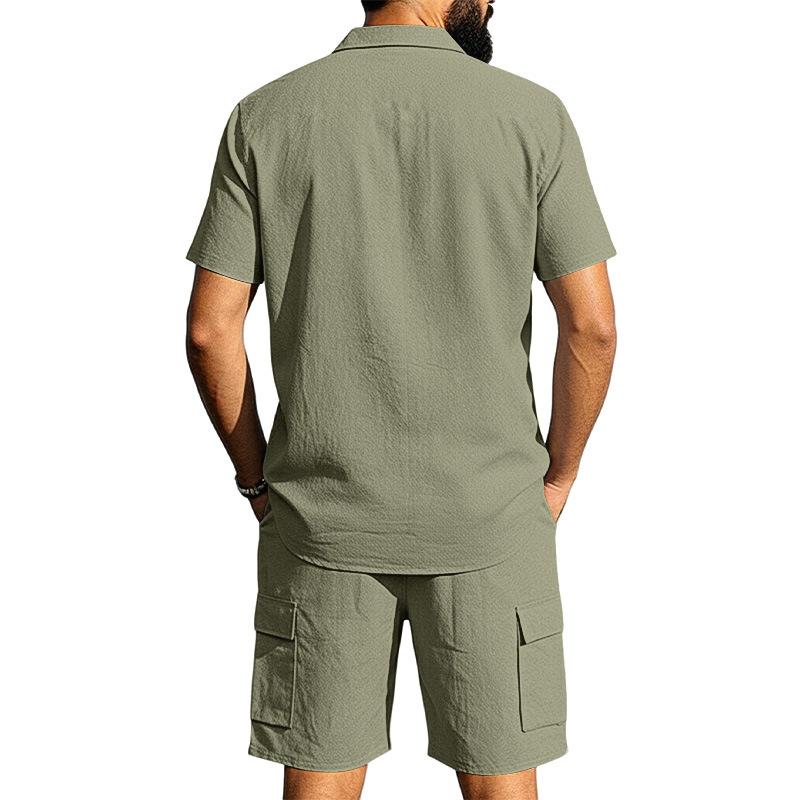 Casual Solid Color Linen Two Piece Sets Mens 2026 Spring Summer Fashion Short Sleeve Shirts and Shorts Outfits Men Linen Suits