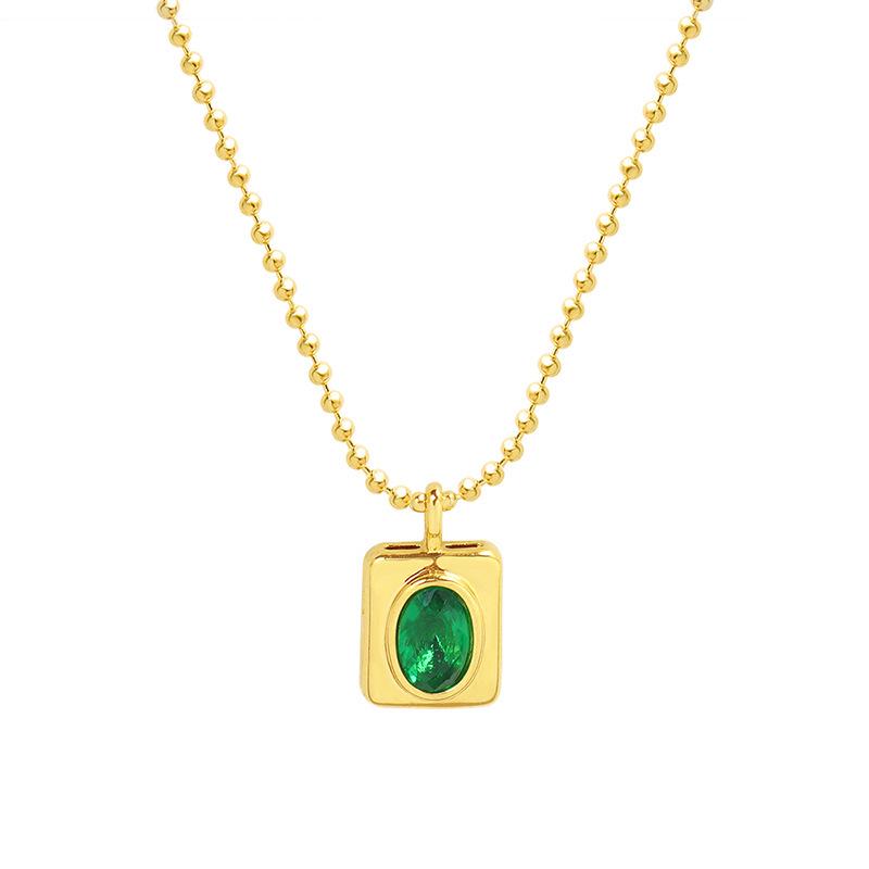 DIY Oval Zirconia Quadrilateral Pendant Necklace with Round Bead Chain In Gold-Plated Titanium Steel