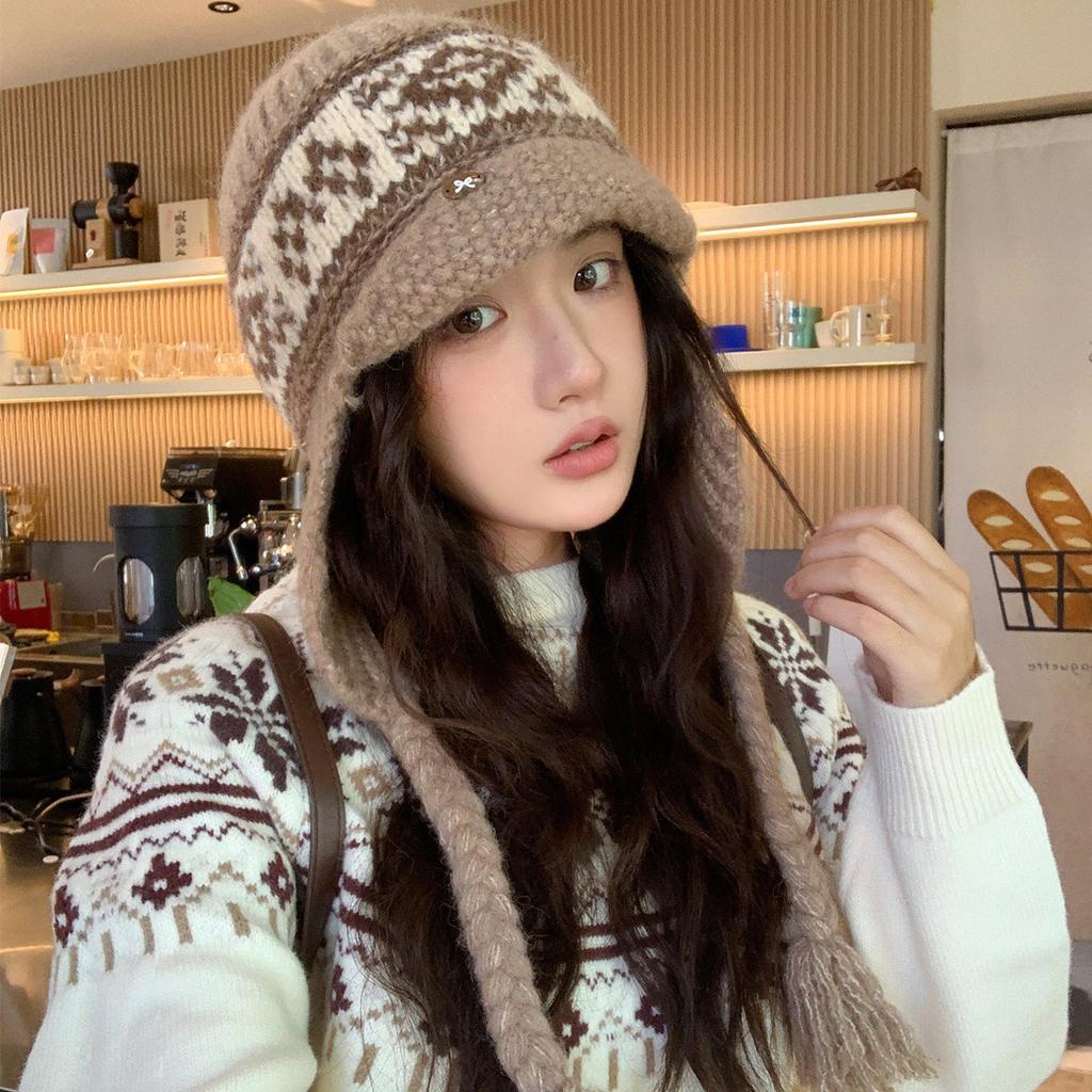 Fair Island Wind Red Knitted Wool Hat Women's Autumn and Winter Jacquard Warm Ear Protection Hat Thickened Cold-proof Knitted Hat