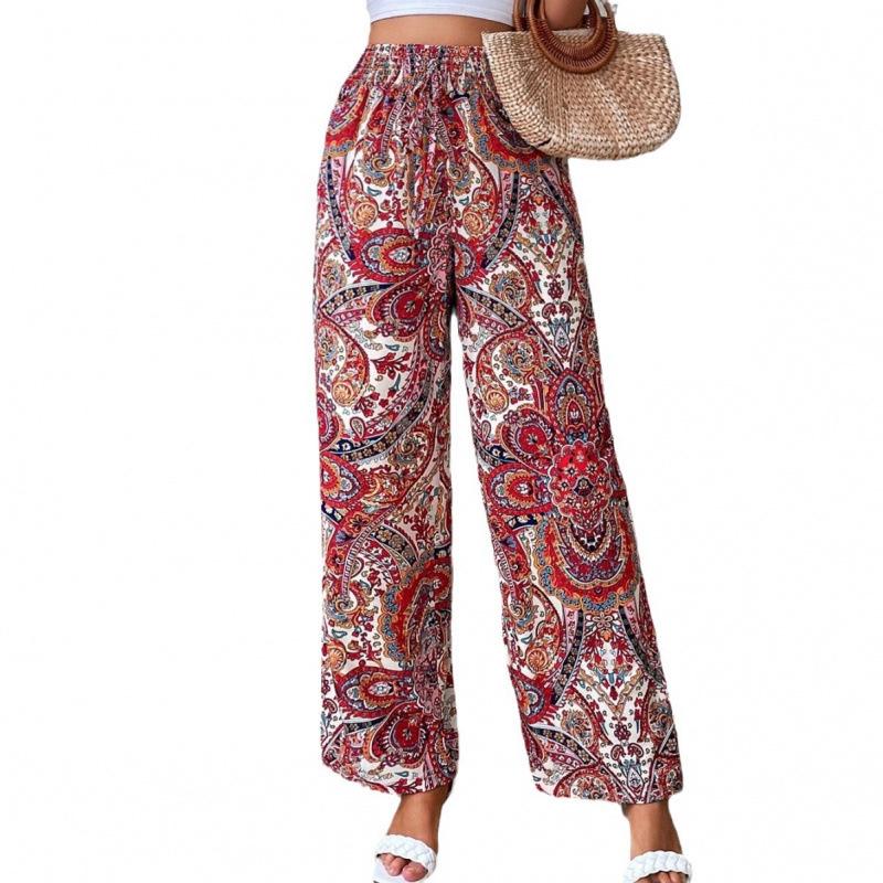 Western Women’s 2025 Summer Printed Elastic Waist Wide Leg Pants