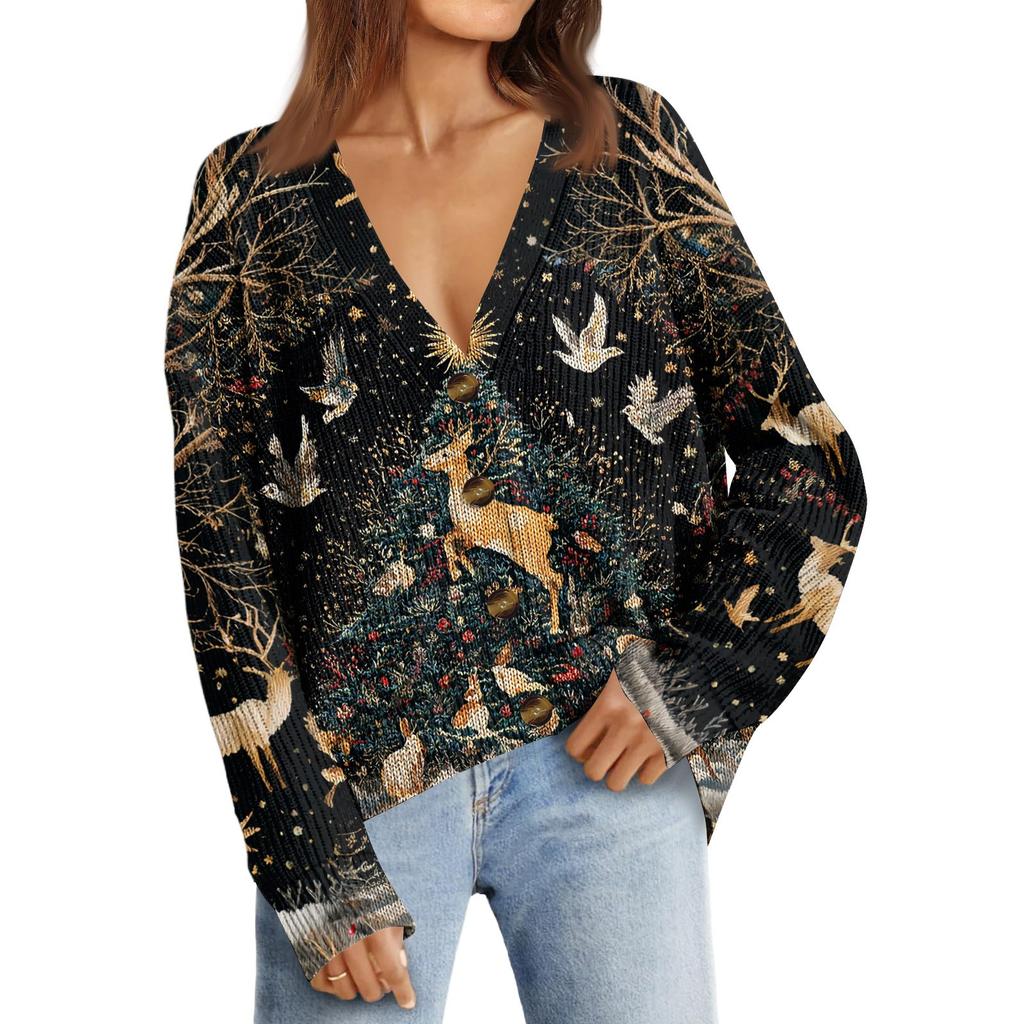 Women's Fashion Long Sleeve Christmas Print V-Neck Button Loose Cardigan Top