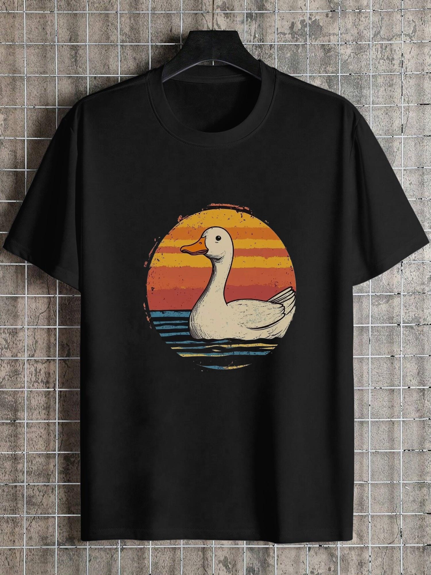 1pc Vintage Duck Sunset Graphic T-shirt - 180g Cotton Crew Neck Short Sleeve Tee with Retro Geometric Print L