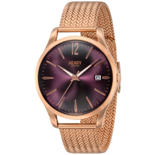 

Часы Henry London Hampstead, 39 мм, фиолетовый циферблат, нержавеющая сталь, кварцевый механизм, белый, сделано в Англии, лондонские часы HL39M0078
