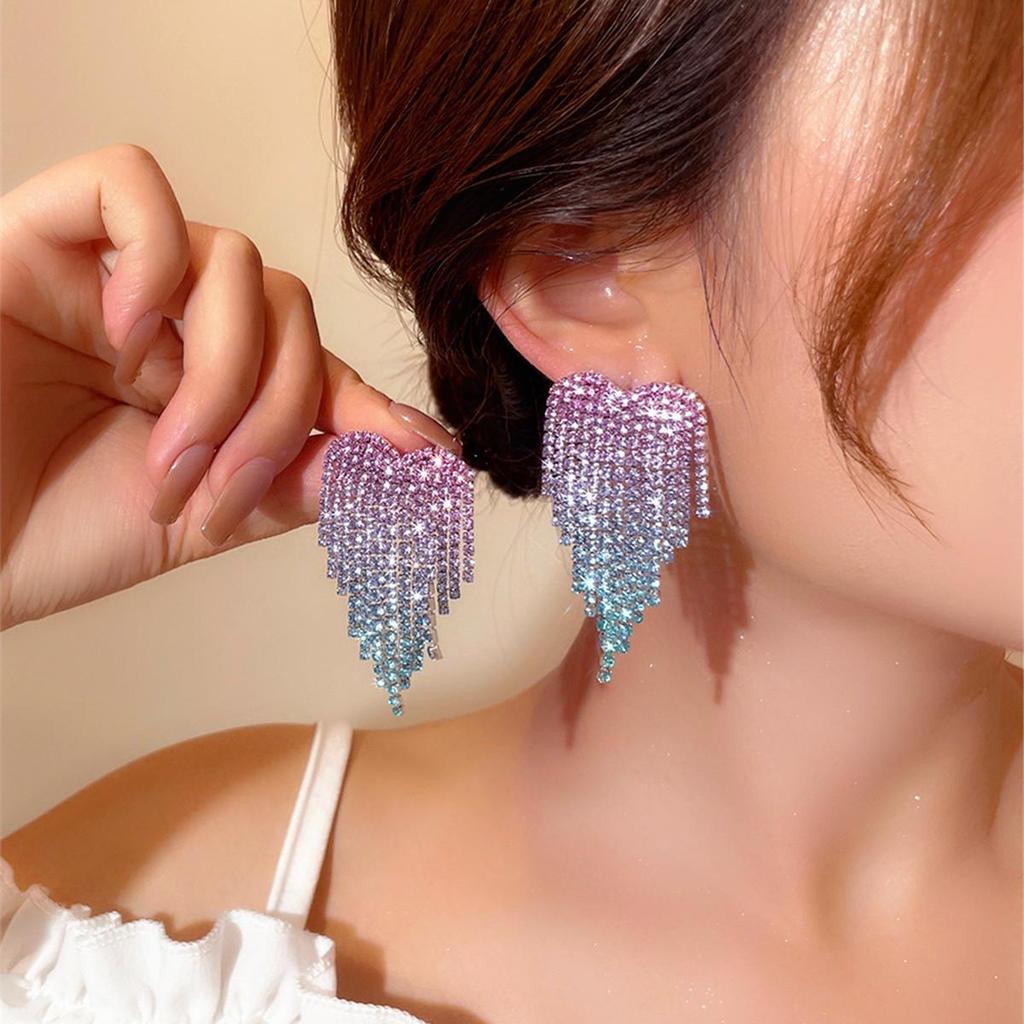 Valentine's Day Gradient Heart Rhinestone Tassel Earrings – Elegant Women's Stud Earrings