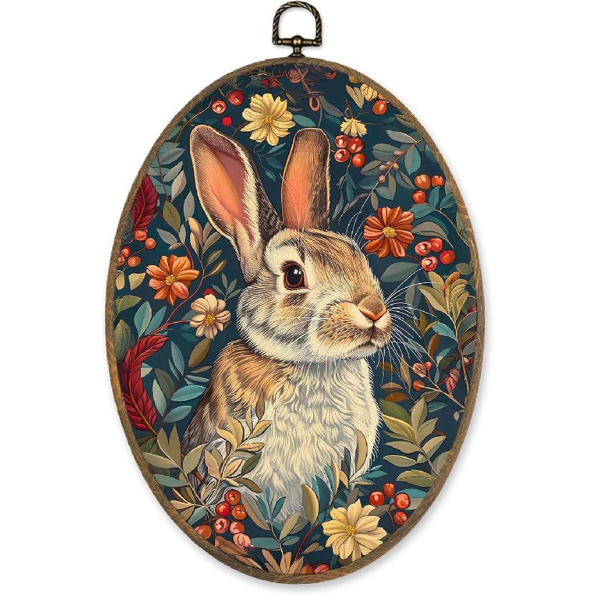 LKETW Винтажный Уильям Моррис Кролик Цветочный Овальный Настенный Декор, Коттеджкор Кролик Ботанический Цветочный Овальный Холст Подвесной Декор, Ретро Кролик Настенный 11.4 L x 8.6 W цветочный