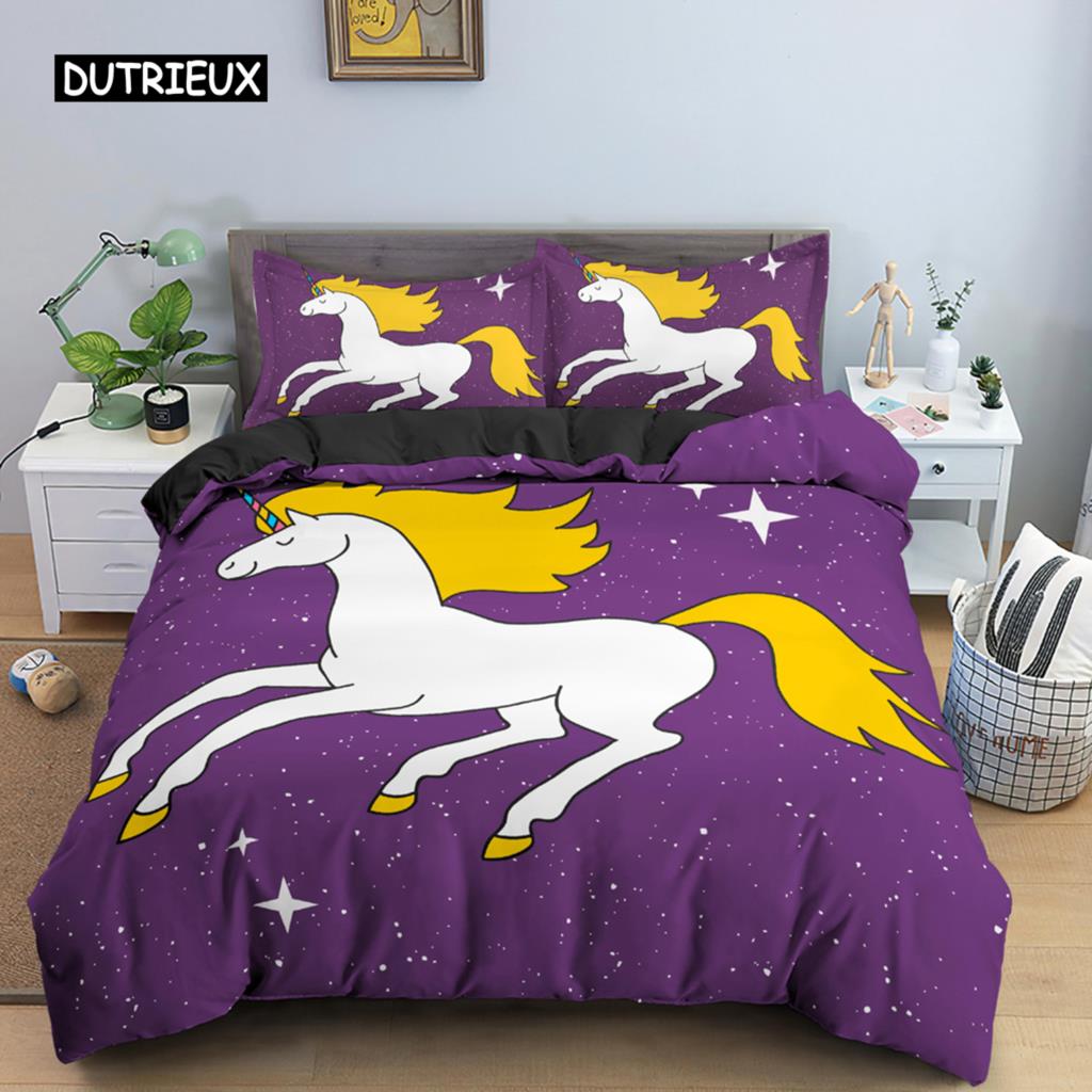 Unicorn Duvet Cover Set Cartoon Animal Bedding Set Single Twin King For Kids Girls Polyester Romantic Theme Star Comforter Cover