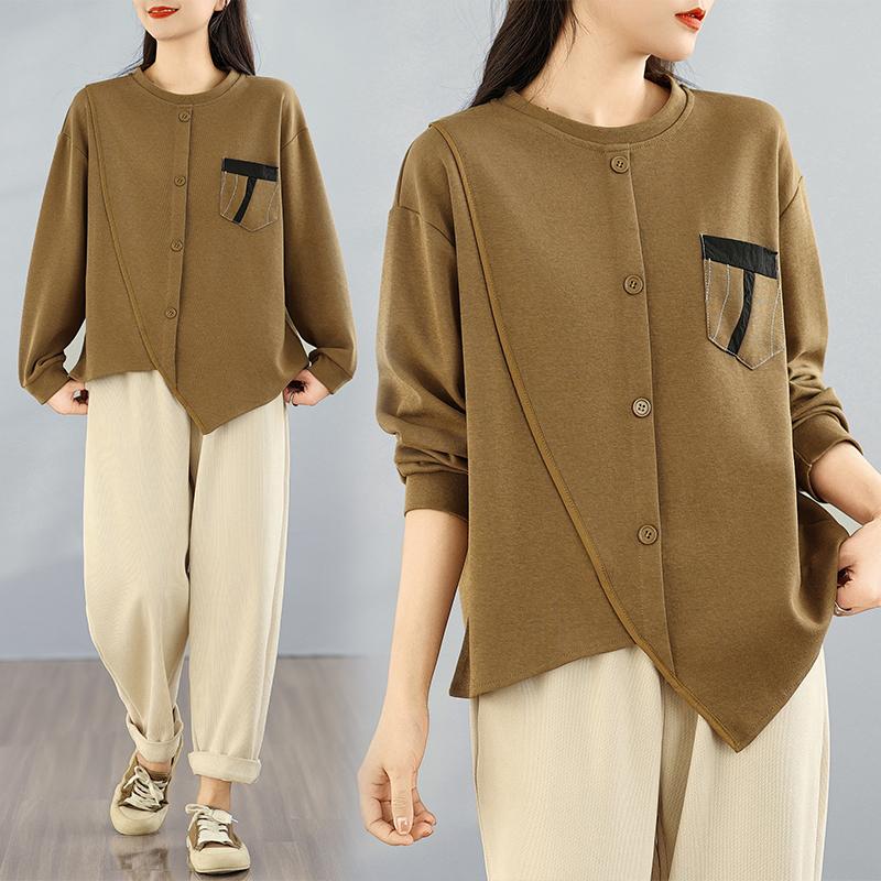 DIMANAF 2025 Podzimní Tričko Plus Size Dámské Dlouhý Rukáv O-Výstřih Volné Jednobarevné Topy Trička Bavlna