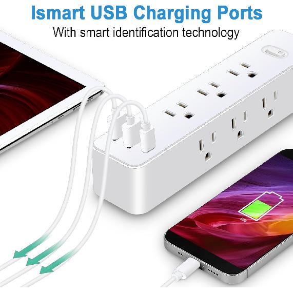 10FT Power Strip Surge Protector, 12-in-1 Power Bar with Multiple Outlets, 9 Outlet 3 USB Ports, Flat Plug Power Strip Surge Protector, Multi Outlet