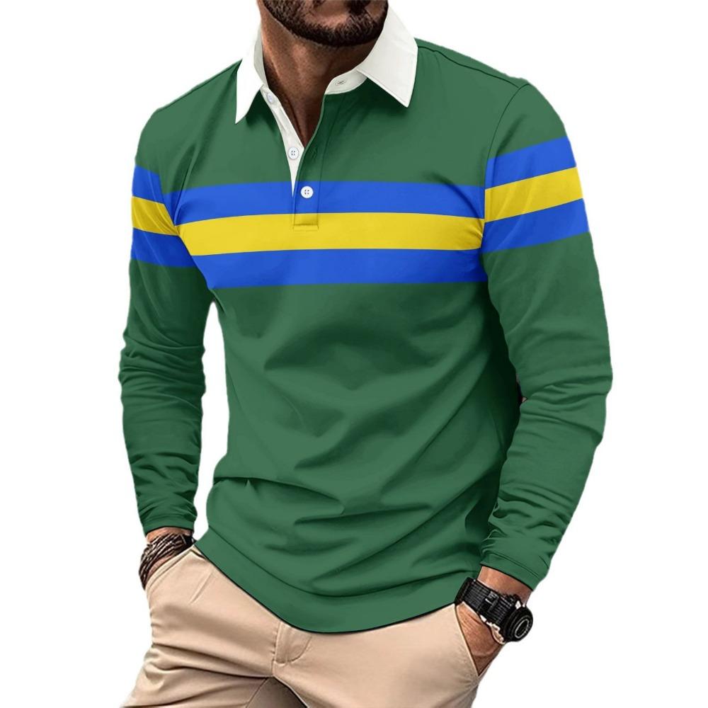 Autumn Long Sleeved Color Blocked Lapel Men's Casual Polo Shirt