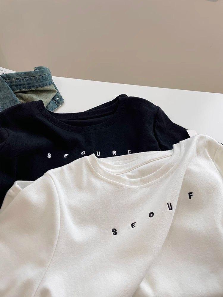 Women's Trendy Short-Sleeve Embroidered T-Shirt - Brushed, Slim Fit, Solid Color Round Neck Tee for Autumn