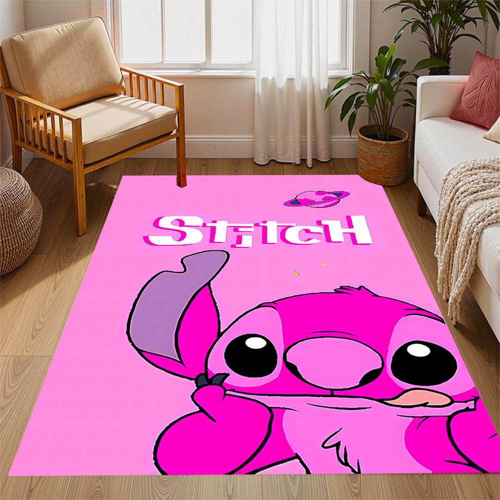 Pink Stitch Heart Background Disney Cartoon Theme Anti-Slip Rug - Polyester, Home Decor, Suitable for Bedrooms, Living Rooms, Doorways, and Studios