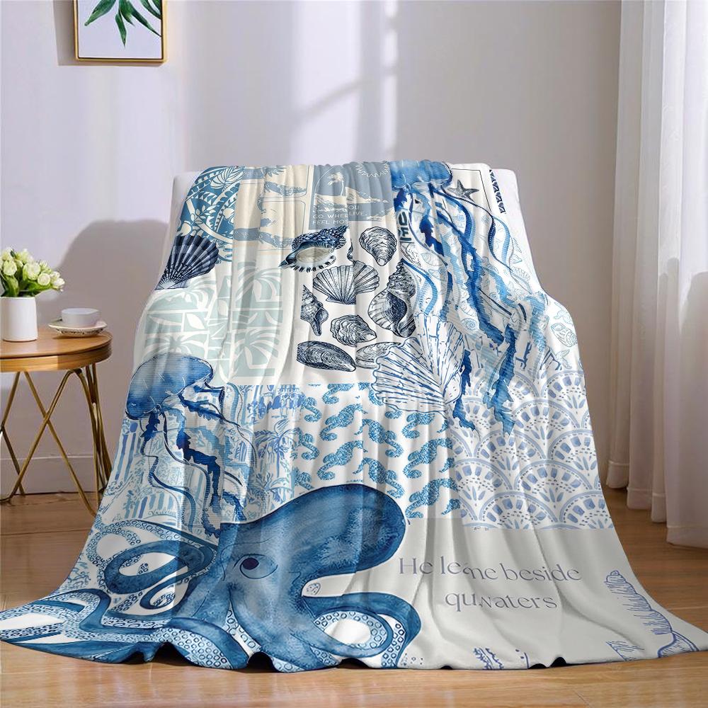 Oceanic Collage Flannel Blanket Warm Soft Halloween Christmas Couch Warm Cozy Decorative Decor Gift For All Season
