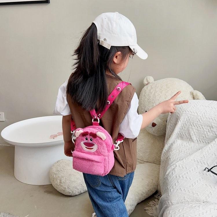 Plush Strawberry Bear Bucket Bag Kids With Net Pocket Cartoon Bag Shoulder