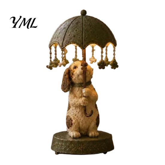 Cute Animal Sculpture Lamp Rotating Umbrella Lamp, Resin Holding Vintage Sculpture, Shape Bedside Light Tabletop Cat Dog Goose Figurine for