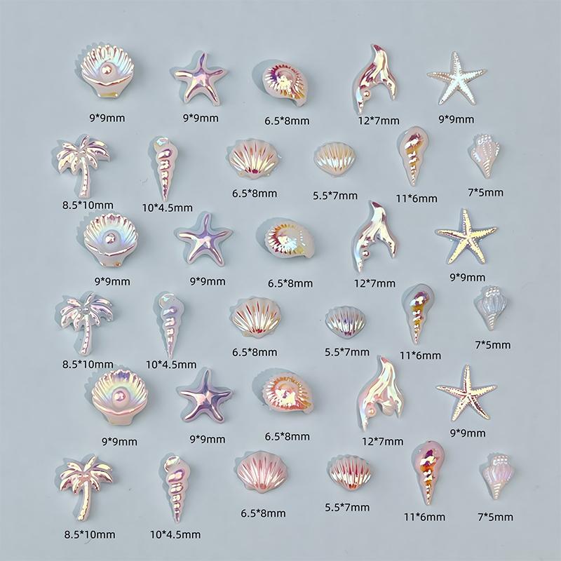 50Pcs Ocean Nail Art Charms Aurora Shell Starfish Mermaid Tail Nail Art Decors Gem Beach  Ice Clear Nail Decorations
