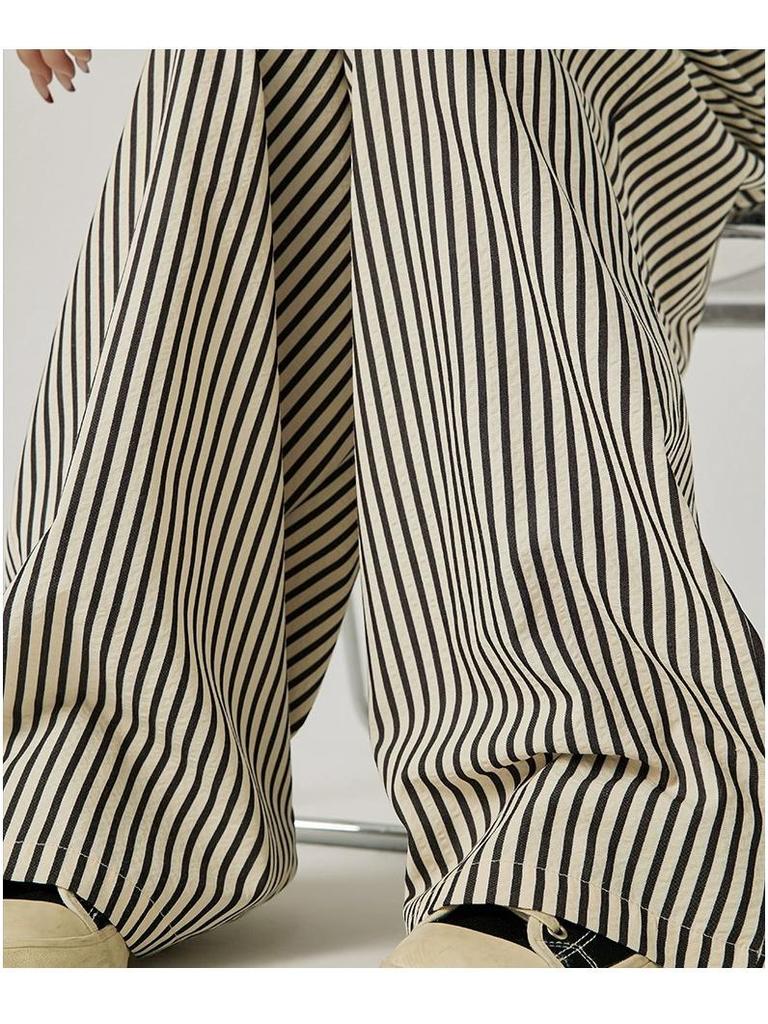 Women's High-Waisted Wide-Leg Black & White Striped Pants - Summer Petite, Slimming, Thin, and Loose Fit, 145cm