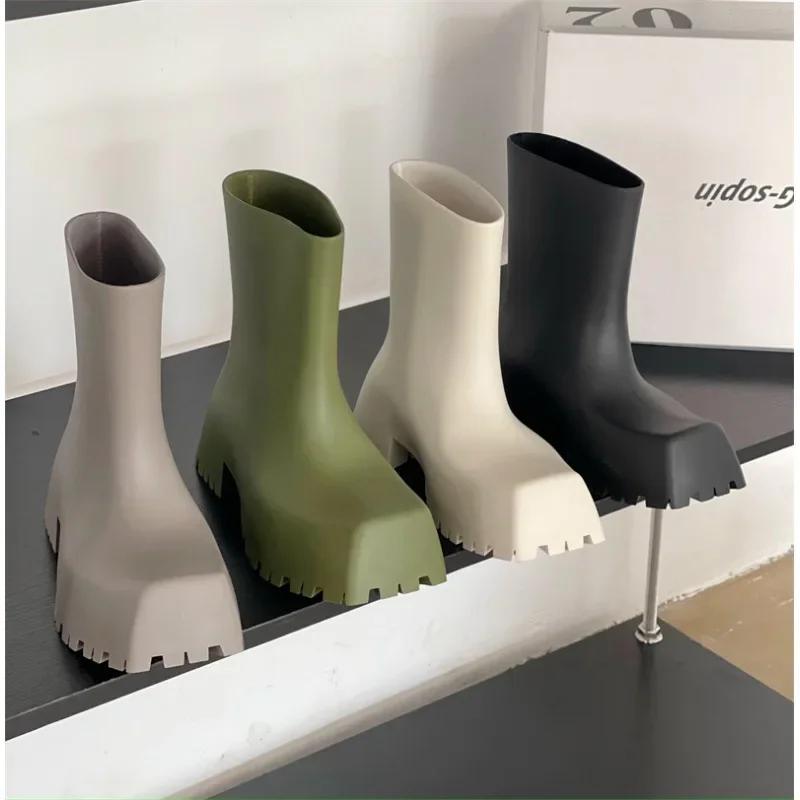 Luxury Women Boots Designer Boots Waterproof Non-slip Short Boot Square Toe Soft Leather Comfy Women Platform Rain Boots