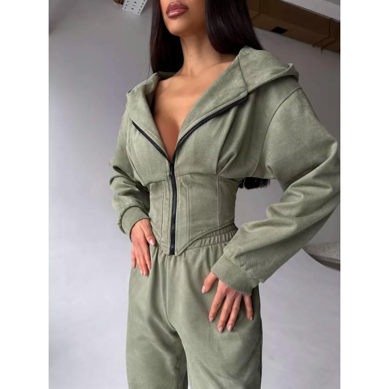 Damen Unifarbene Kapuzen Crop Top Weite Hosen Set Lässiges Streetwear Outfit Winter 2025