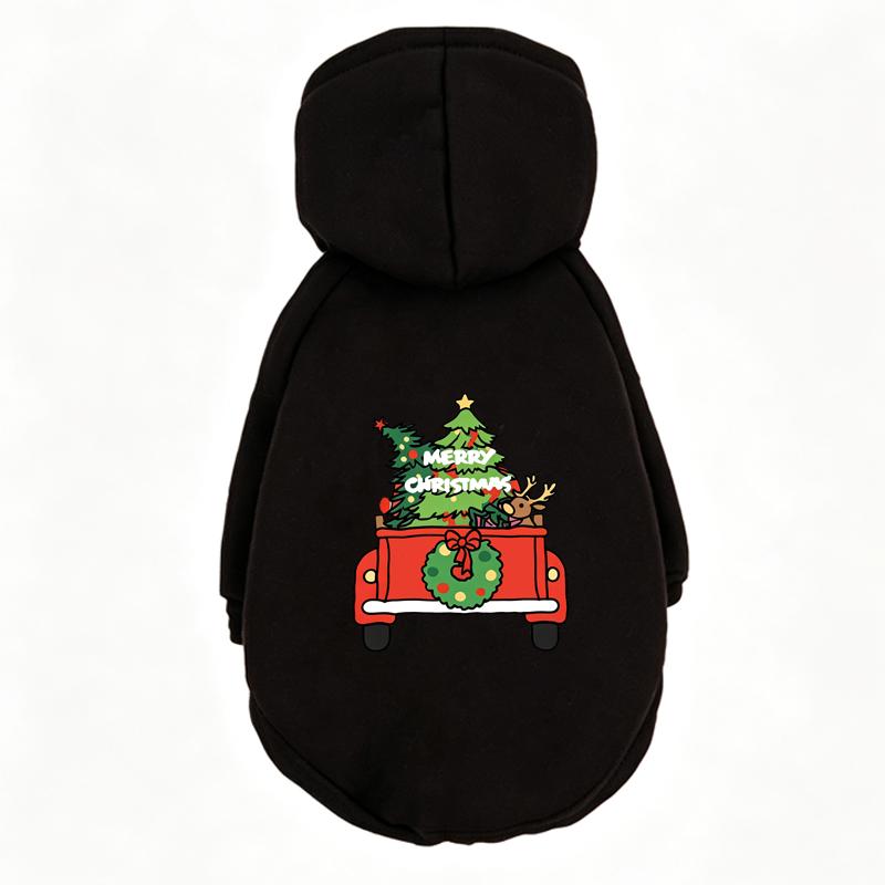 Merry Christmas Pet Hoodie Santa Truck Tree Printed Soft Fleece Sweatshirt Winter Holiday Party Dress‑up Outfit For Teddy Bichon