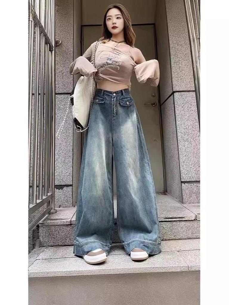 Plus Size Women's High Waist Retro Wide Leg Jeans - Slimming Loose Straight Leg for Spring/Summer