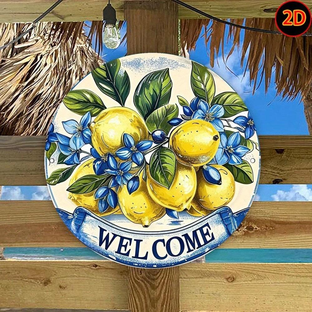 Vintage Lemon Floral Welcome Sign Rustic Aluminum Metal Wall Decor Indoor Outdoor