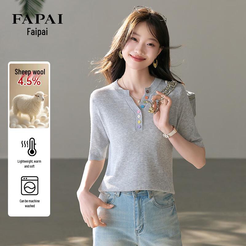FAPAI Women s Half-Open Collar Short Sleeve Knit Top M