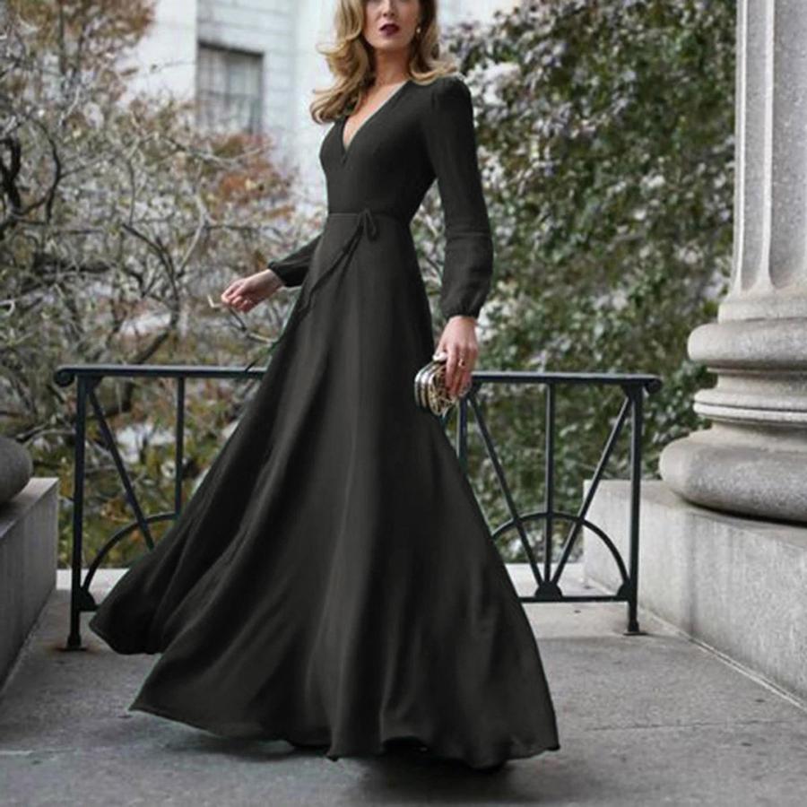 V-Neck Long Sleeve Dress with Tassels, Slim Fit, Elegant Maxi Dress for Women