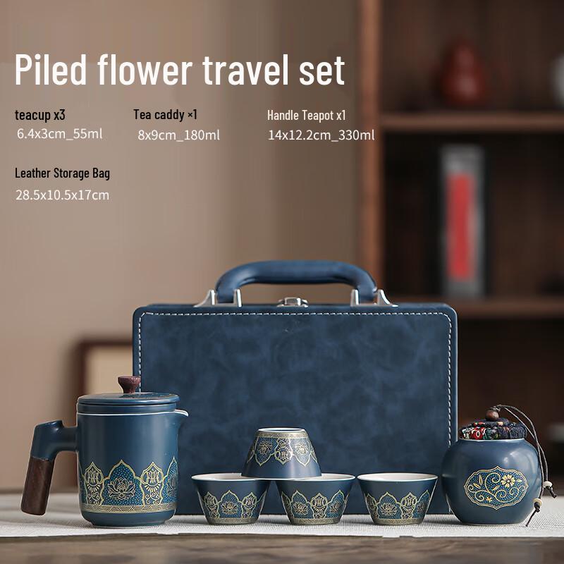 Shangqi Blue Stacked Flower Ceramic Travel Tea Set