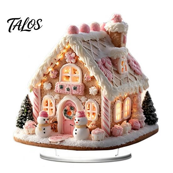 Winter Themed Decorative Art Christmas Acrylic Ornament, 2D Flat Snowy Cottage Ornament with Base, Small for Desk Display Santa Snowman Table