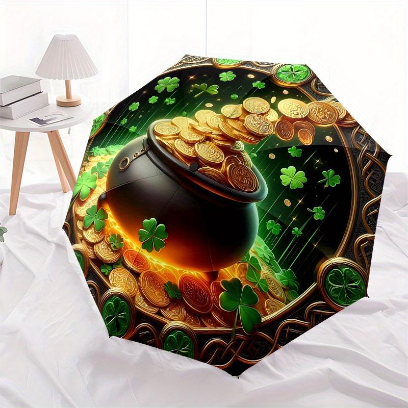 Pot of Gold Coins with Four-Leaf Clovers, Irish Luck Symbol Umbrella, Cute Umbrella with Cute Design, Portable 3-Fold Compact Umbrella for Men & Women