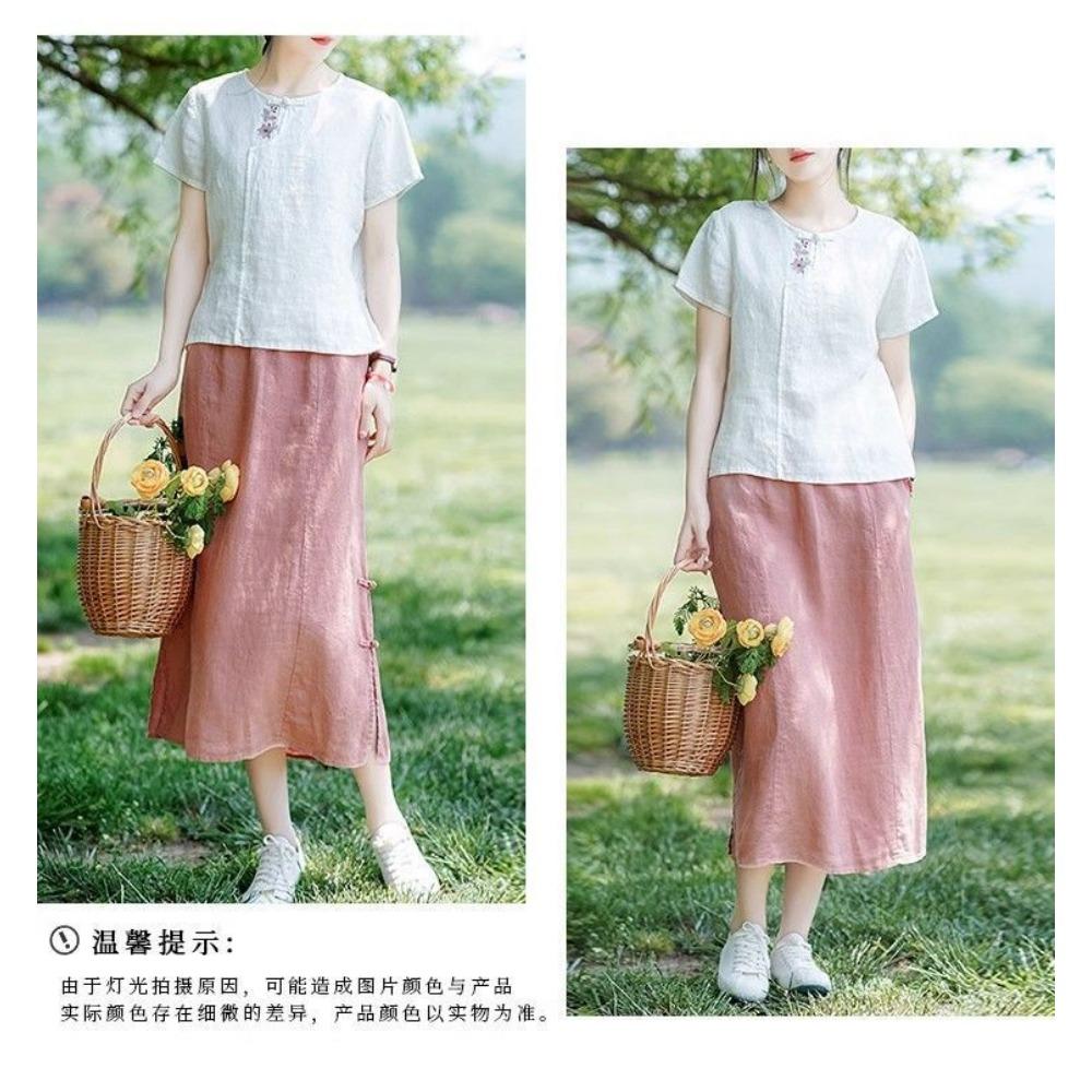 Spring and Summer Cotton and Linen Ethnic Style New Chinese Embroidery Short Sleeved T-shirt Retro Women's New Loose Casual Top