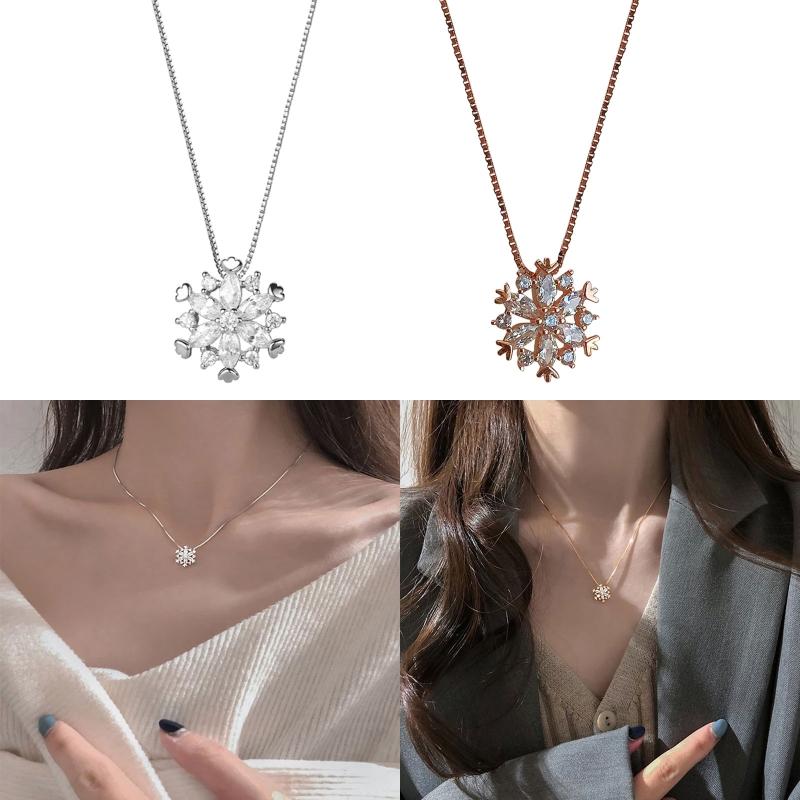 Crystal Snow Flake Pendant Long Necklace for Women Sweater Chain Snowflake Necklace Choker Adjustable for Rhinestone Jew