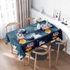 Space-themed tablecloth with rocket and polar bear design suitable for kids’ parties or home decor!