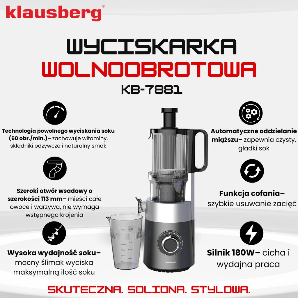 Langsamdrehende Saftpresse 180W für Obst und Gemüse COLD PRESS KLAUSBERG KB-7881