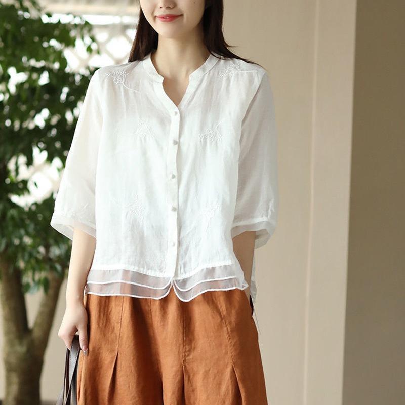 women embroidered linen blend blouse v neck three quarter sleeve button down casual shirt M белый